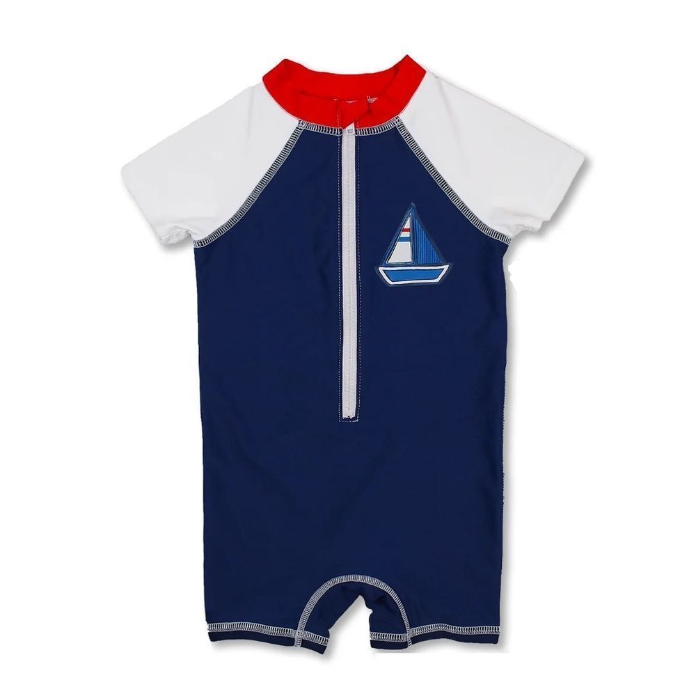 NWT* Floatimini Boys Sailboat Short Sleeve Half Zip One Piece Swim Sunsuit 12M